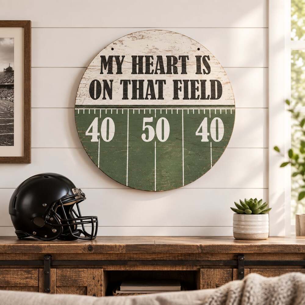 My Heart Is On That Field Football Round Wooden Wall Sign